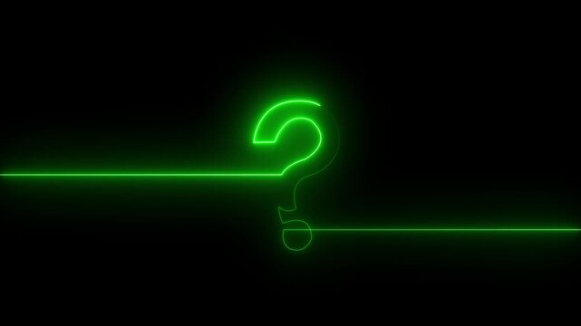 Neon gren question mark sign with glowing light effect on black background