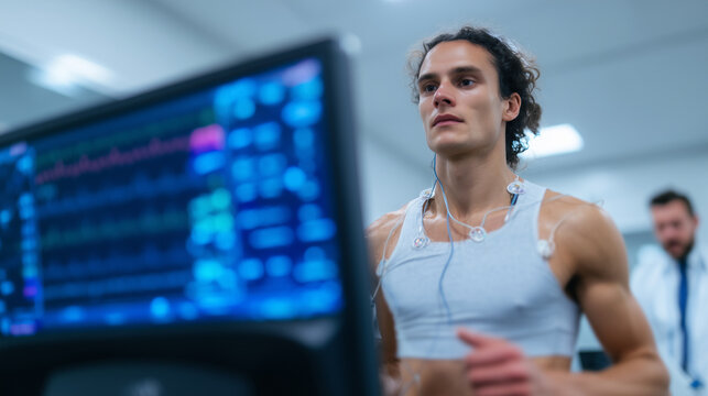 Cardiovascular exercise stress test in a modern sports science laboratory, athlete running on a treadmill connected to ECG monitoring equipment, wearable sensors attached to chest