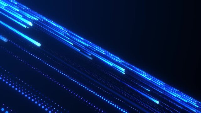 Abstract futuristic data flow with neon light streaks in a dark digital space. Concept of AI, big data analytics, neural networks, high-speed computing, and advanced cyber technology.