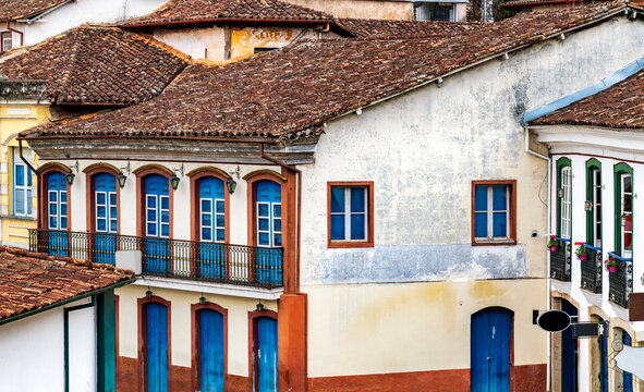 Facades of historic colonial houses in the city of Ouro Preto, Minas Gerais.