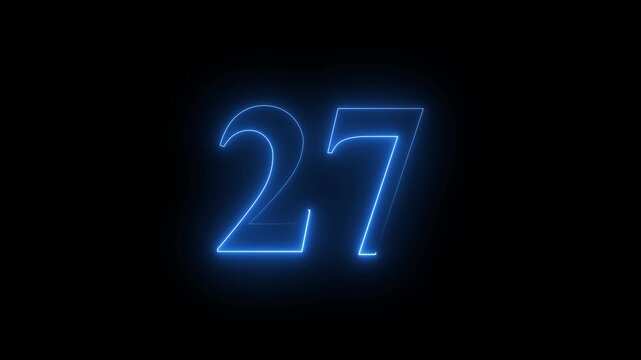 Neon 27 number mathematics text icon animation blue color text on black background.Number 27 vector illustration.