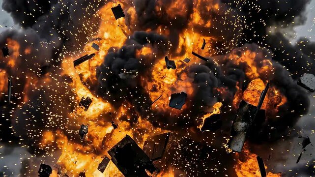Massive fireball explosion in a war zone area. Violent blast with debris and dark smoke rising. Military attack impact showing destruction and combat battlefield.