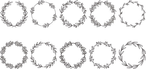 Fototapeta premium Set of ten hand drawn floral wreaths collection with botanical decoration ornament invitation isolated background illustration collection template minimalist creative romantic