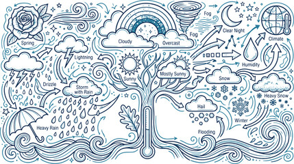 Fototapeta premium Detailed weather infographic sketch with meteorological symbols meteorology lightning environment temperature forecast atmosphere illustration thermometer snowflake umbrella background