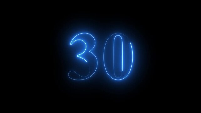 Neon 30 number mathematics text icon animation blue color text on black background.Number 30 vector illustration.