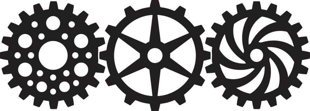 Three black monochrome gear cogs with varied tooth flat also transparent background