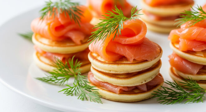 Mini pancakes with smoked salmon and fresh dill elegant appetizer with salmon canapes and herbs. Suitable for party catering, holiday buffet, brunch menu, gourmet food concepts and festive entertainin