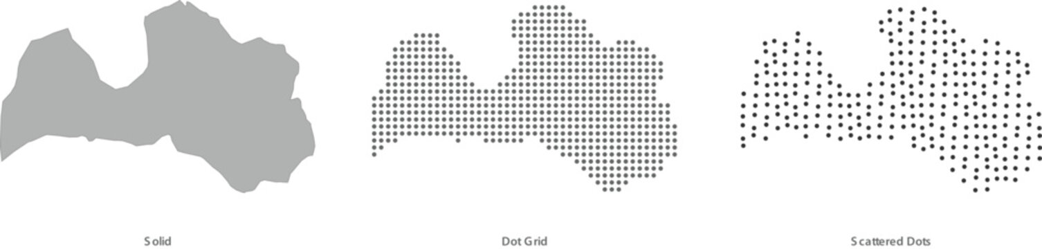 Latvia map silhouette in three styles solid, dot grid, and scattered dots