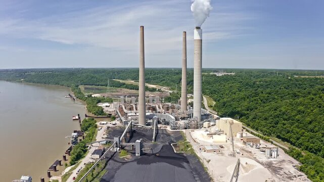 Aerial View of Coal Power Plant Along Ohio River in Indiana
