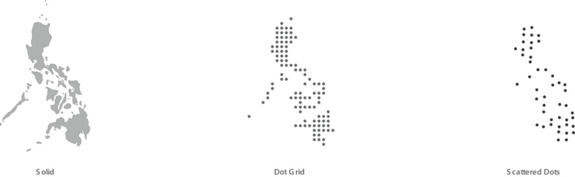 Set of philippines map icons in three different styles solid silhouette, dot grid pattern, and scattered dots design
