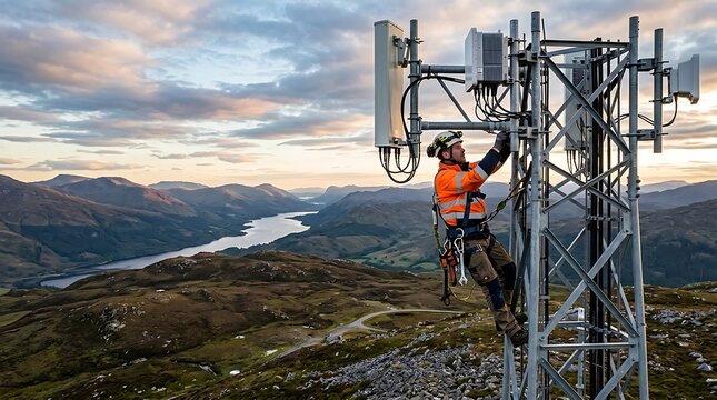 Technician working on a telecom tower in the mountains at sunset