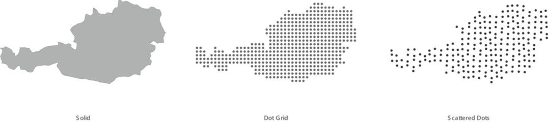 Obraz premium Map of austria in three different styles solid silhouette, dot grid pattern, and scattered dots