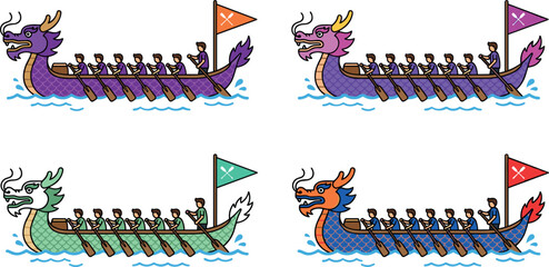 Dragon boat festival racing team rowing together vector illustration set on white background © Afroja