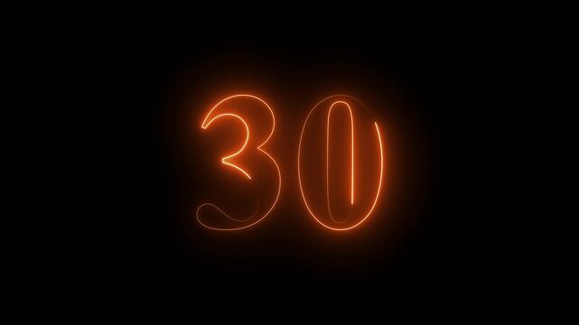 Neon 30 number mathematics text icon animation orange color text on black background.Number 30 vector illustration.