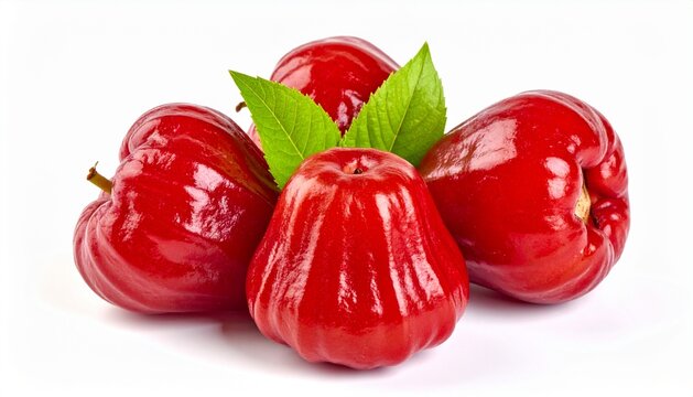 Fresh Red Rose Apples with Green Leaves Isolated on White Background