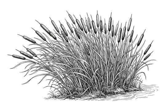 Cattail reeds in marshy water, black and white sketch illustration vector art.