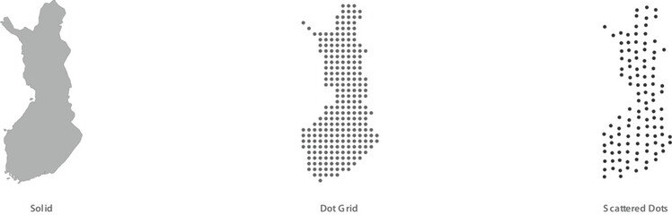 Set of finland map silhouettes in solid, dot grid, and scattered dots styles © Ashraf