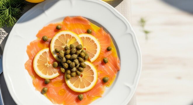 Smoked salmon carpaccio with capers and lemon elegant thin sliced seafood dish with citrus and herbs. Ideal for fine dining menus, gourmet appetizers, and luxury cuisine photography.