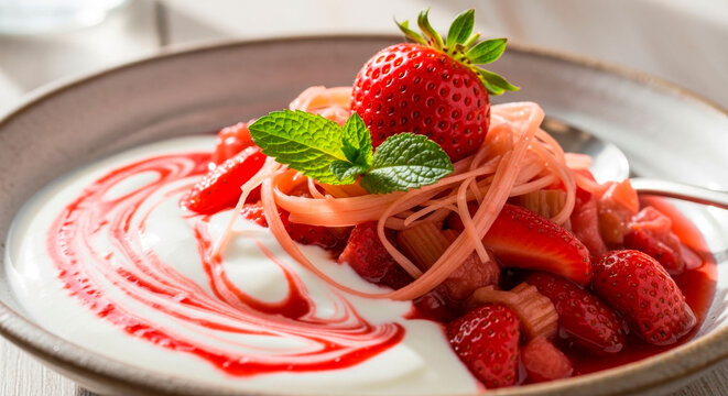Strawberry and rhubarb compote with yogurt creamy fruit dessert with tangy compote and fresh berries. Ideal for healthy dessert menus, breakfast ideas, and gourmet food photography.