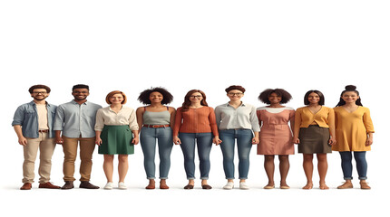 Obraz premium Diverse group of people standing in a row, multicultural community of young adults, smiling men and women in casual clothing isolated on white background