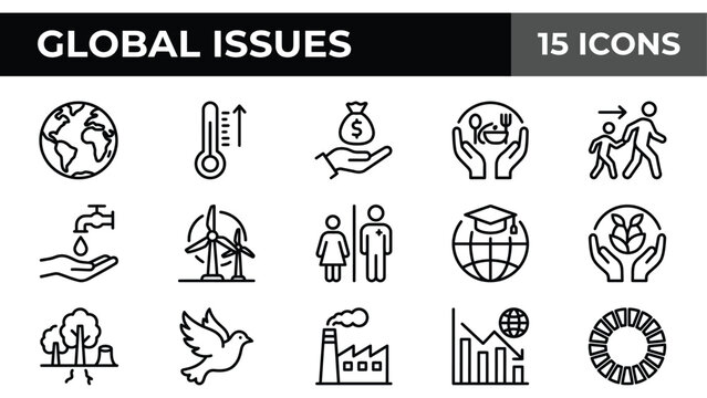 Global Issues Icons Set: Climate Change, Sustainability, and Social Challenges