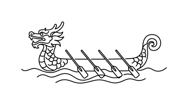 A simple black and white line art illustration of a traditional Chinese dragon boat.