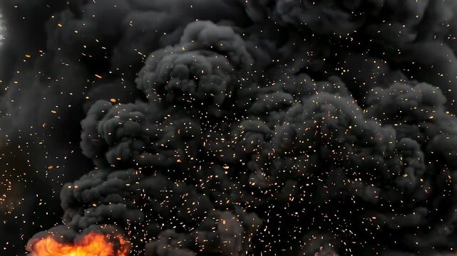 Huge explosion with black smoke and flying sparks. Massive war detonating event with fire cloud. Military strike and destruction sequence for action movie effect.