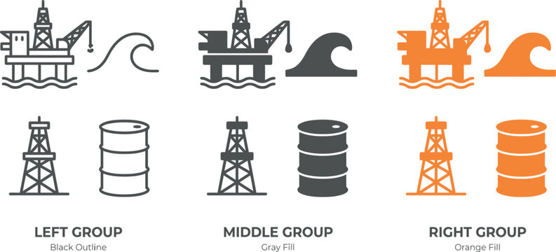 Oil rig and barrel icons set