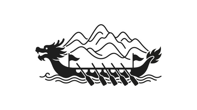 Minimalist black and white illustration of a traditional Chinese dragon boat racing on water.