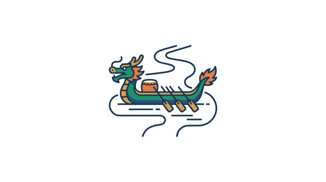 A stylized illustration of a traditional Chinese dragon boat with oars and a drum.