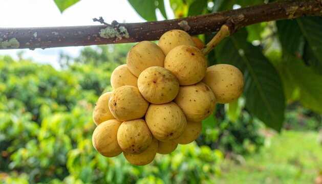 Fresh Langsat Fruits Bunch Hanging on Tree Branch in Tropical Orchard