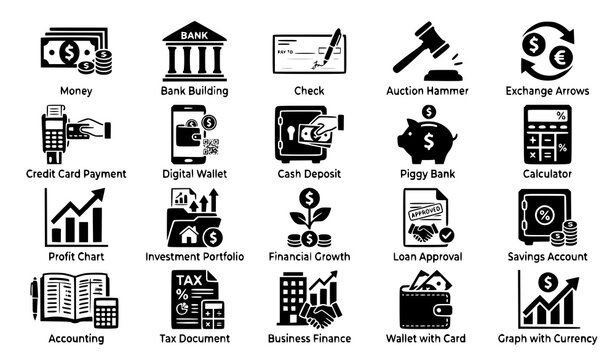 Finance Solid Icons Vector Set with Banking Investment Payment and Money Symbols