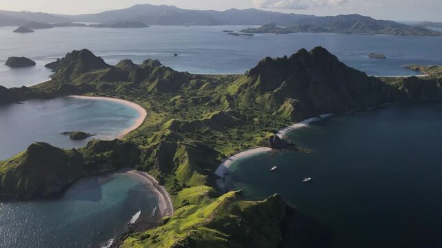 Lush green peaks frame crystal-clear waters