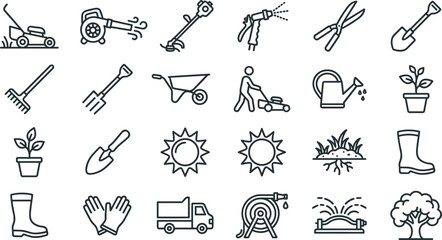 Gardening and lawn care line icon set featuring tools, equipment, plants, and landscaping elements © Afroja