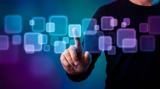 Close Up of a Hand Interacting with a Futuristic Virtual Interface and Glowing Holographic Icons Against a Colorful Digital Background