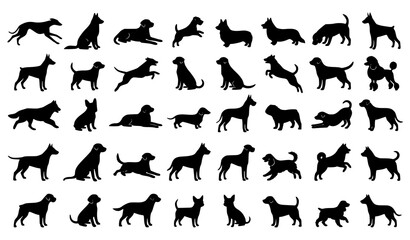 Fototapeta premium Large Black Dog Silhouette Collection with Running Sitting and Lying Canine Vector Poses