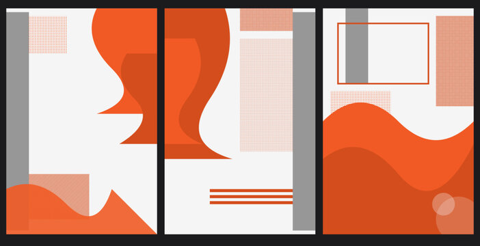 Abstract geometric triptych composition with orange shapes and patterns in vector format