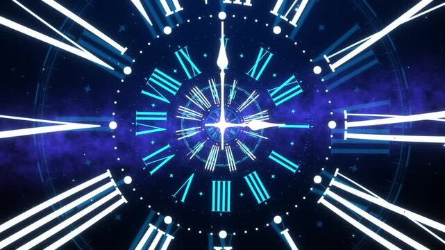 Fly through abstract modern blue clock dial with roman numerals. Concept of Infinite time, deadline, scheduling, time management, time travel, time and space, past, present and future.