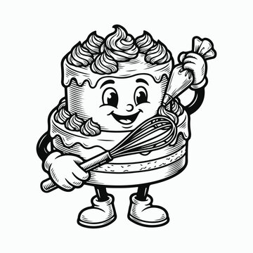 Cartoon cake character decorating with piping bag and whisk illustration
