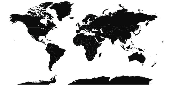 Black silhouette world map showing continents and countries on a simple flat design