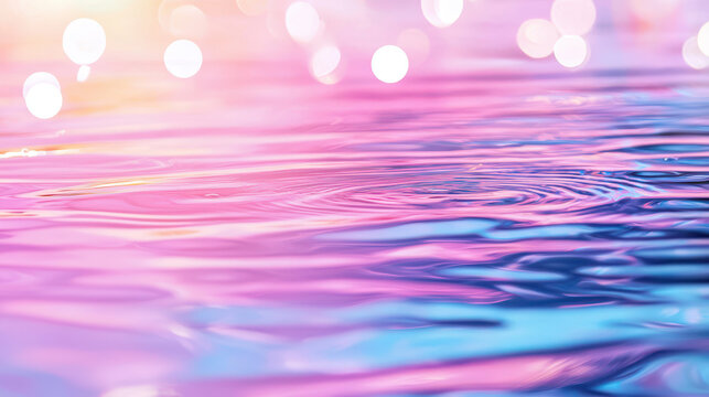 Serene image of water with gentle ripples and dreamy gradient of pink and blue hues, enhanced by soft bokeh lights