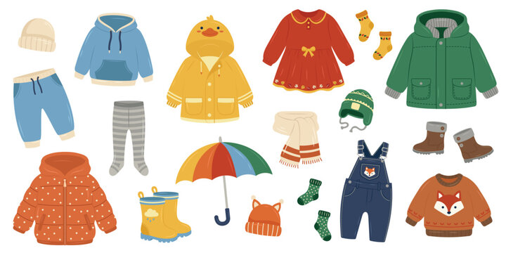 Kids Autumn Clothing Clipart, Children Fall Clothes and Accessories Flat 