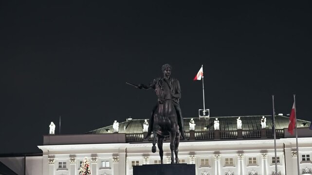Jozef Poniatowski Monument and Presidential Palace at Night in Warsaw
