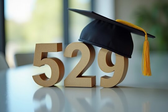 529 College Savings Plan Concept: Graduation Hat Resting on Reflective Desk with Number Displayed