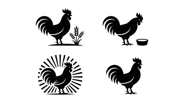 Four black rooster silhouettes with wheat and sunrise elements isolated on transparent background