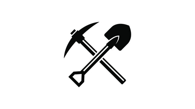 Crossed Mining Tools Icon in Black and White.