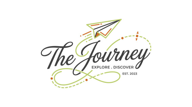The Journey travel adventure typography logo design with paper airplane.