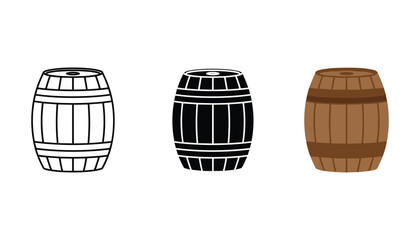 Wooden barrel icon set featuring line art solid black and brown flat vector style for brewery winery and storage warehouse graphic design © TARU STOCKPLC