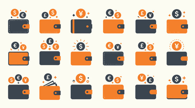 Collection of wallet icons with money and currency symbols.