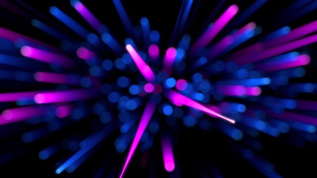 Bright radial light beams. Abstract background in blue and purple neon glow color. Light burst in universe. Space background for event, party, carnival, celebration, anniversary or other.
